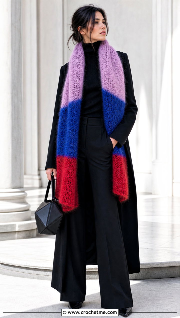 Color Block Crochet Mohair Scarf With Monochrome Outfit - 30 crochet mohair scarf outfit ideas