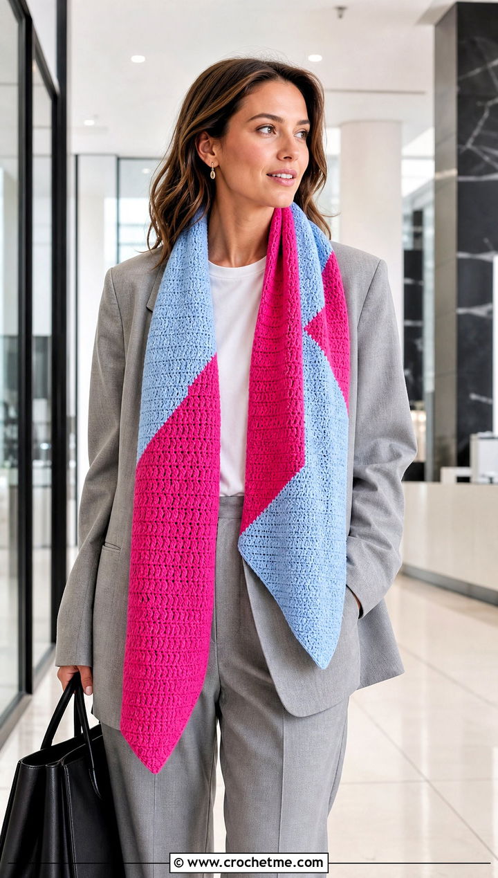 Color Block Crochet Mood Scarf With Pantsuit And Sneakers - 15 Crochet Mood Scarf outfit ideas