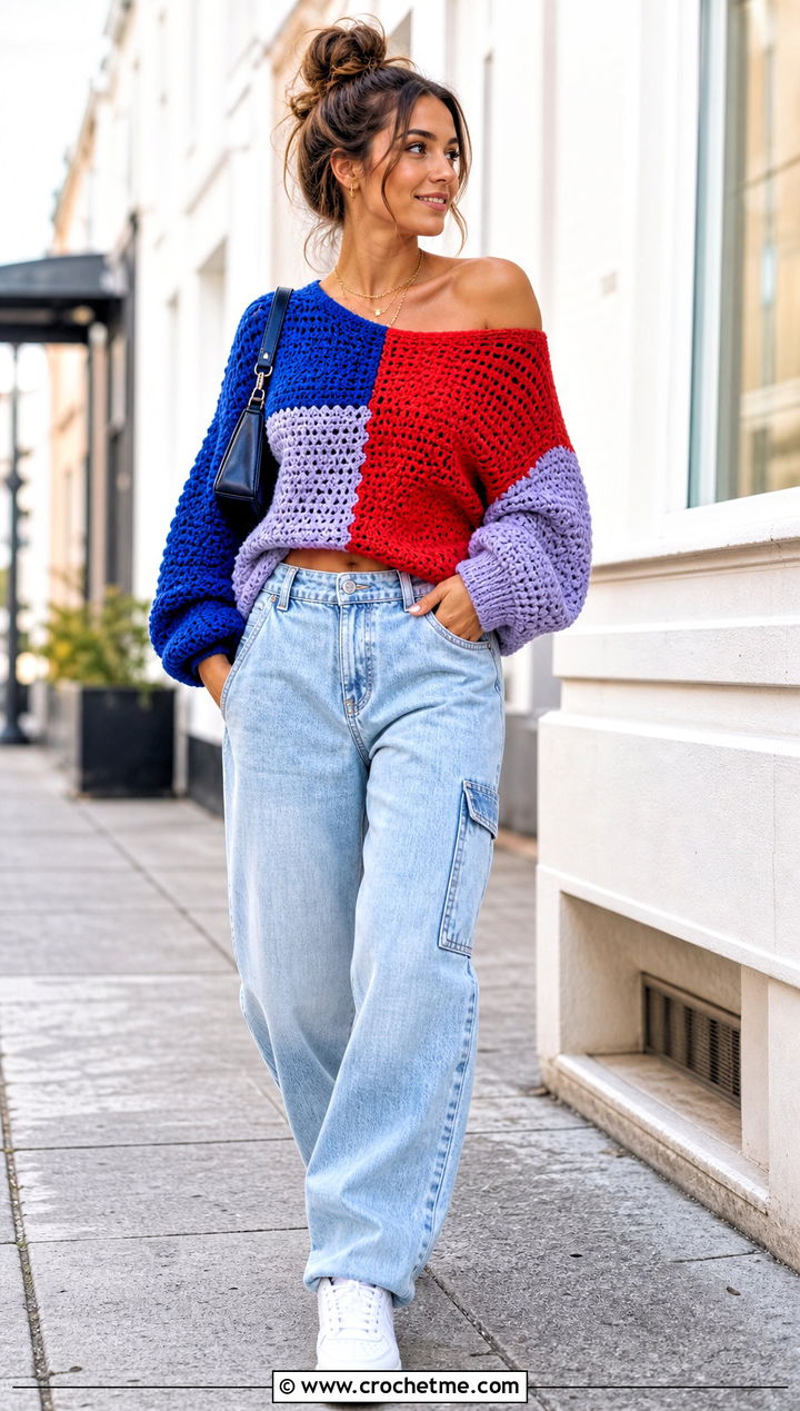 Color Block Crochet Off Shoulder Sweater With Carpenter Jeans - 25 Crochet Over The Shoulder Sweater outfit ideas