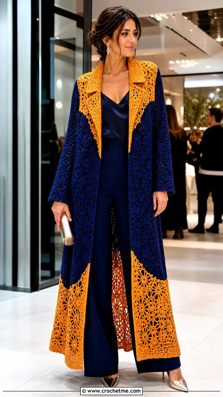 Color Block Crochet Opera Coat With Satin Camisole - 35 crochet coat outfit ideas