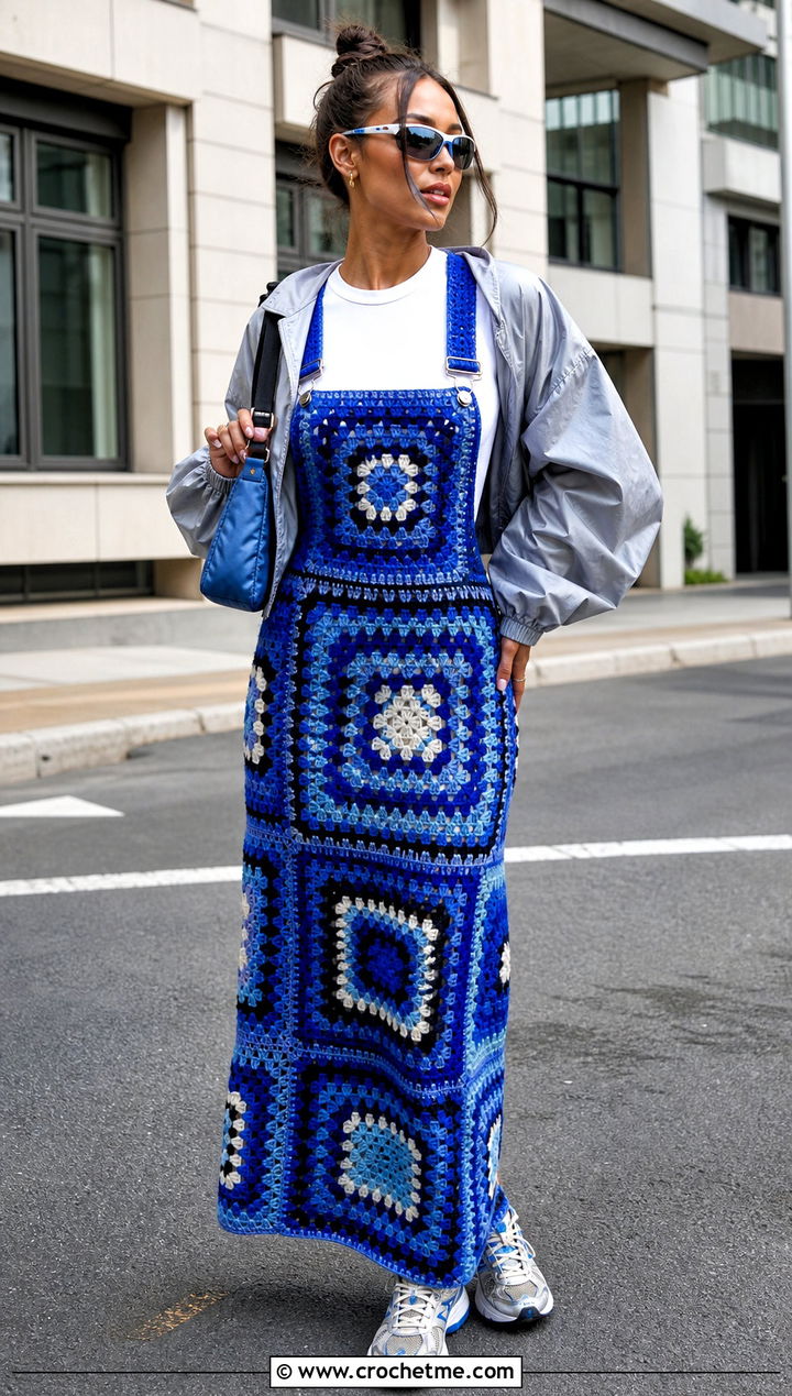 Color Block Crochet Overall Dress With Track Jacket - 35 Crochet Overall Dress outfit ideas