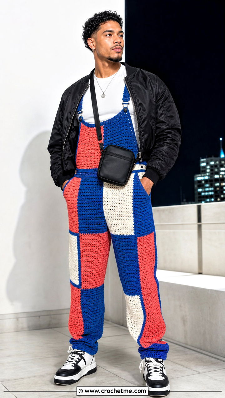 Color Block Crochet Overalls With Bomber Jacket - 15 crochet overalls men outfit ideas