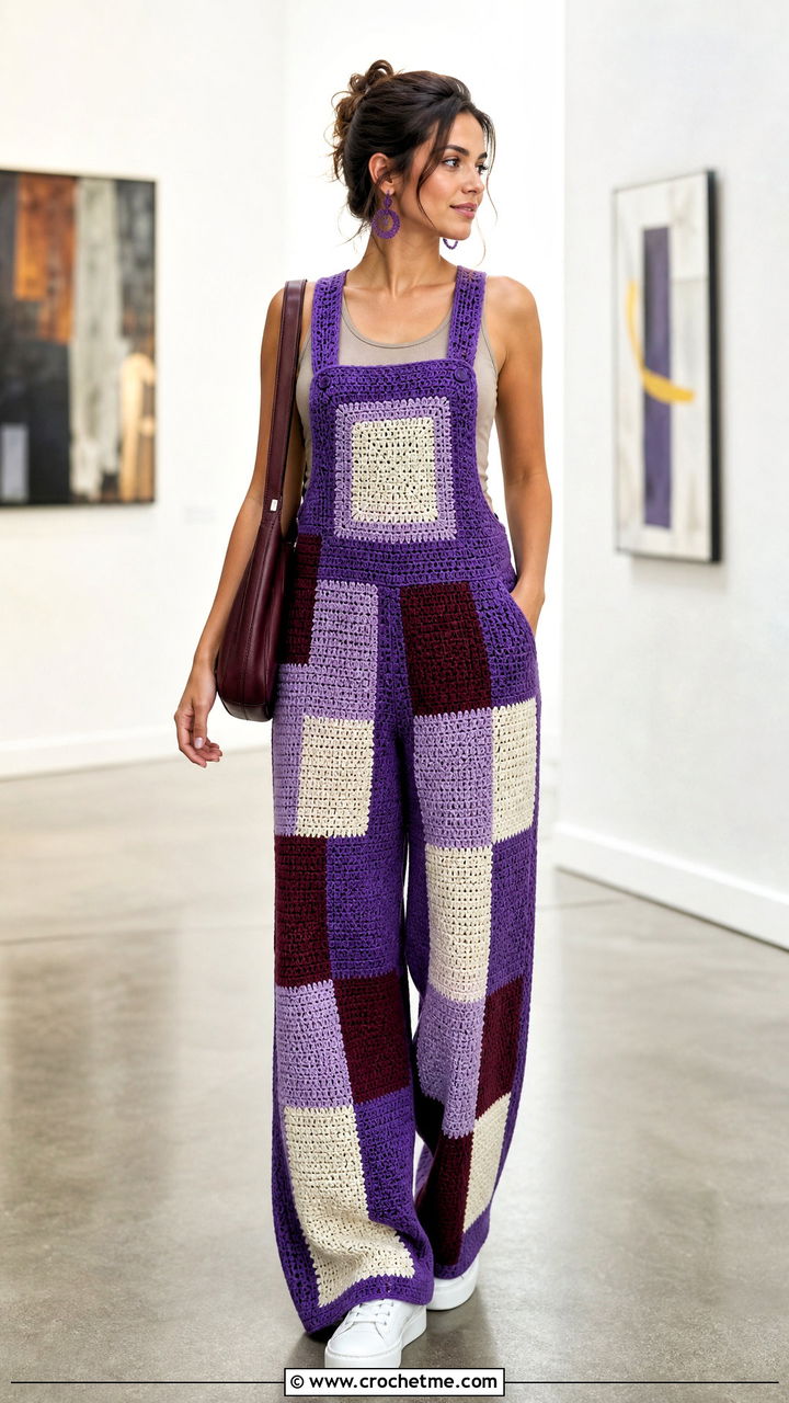 Color Block Crochet Overalls With Neutral Tank - 35 crochet overalls outfit ideas