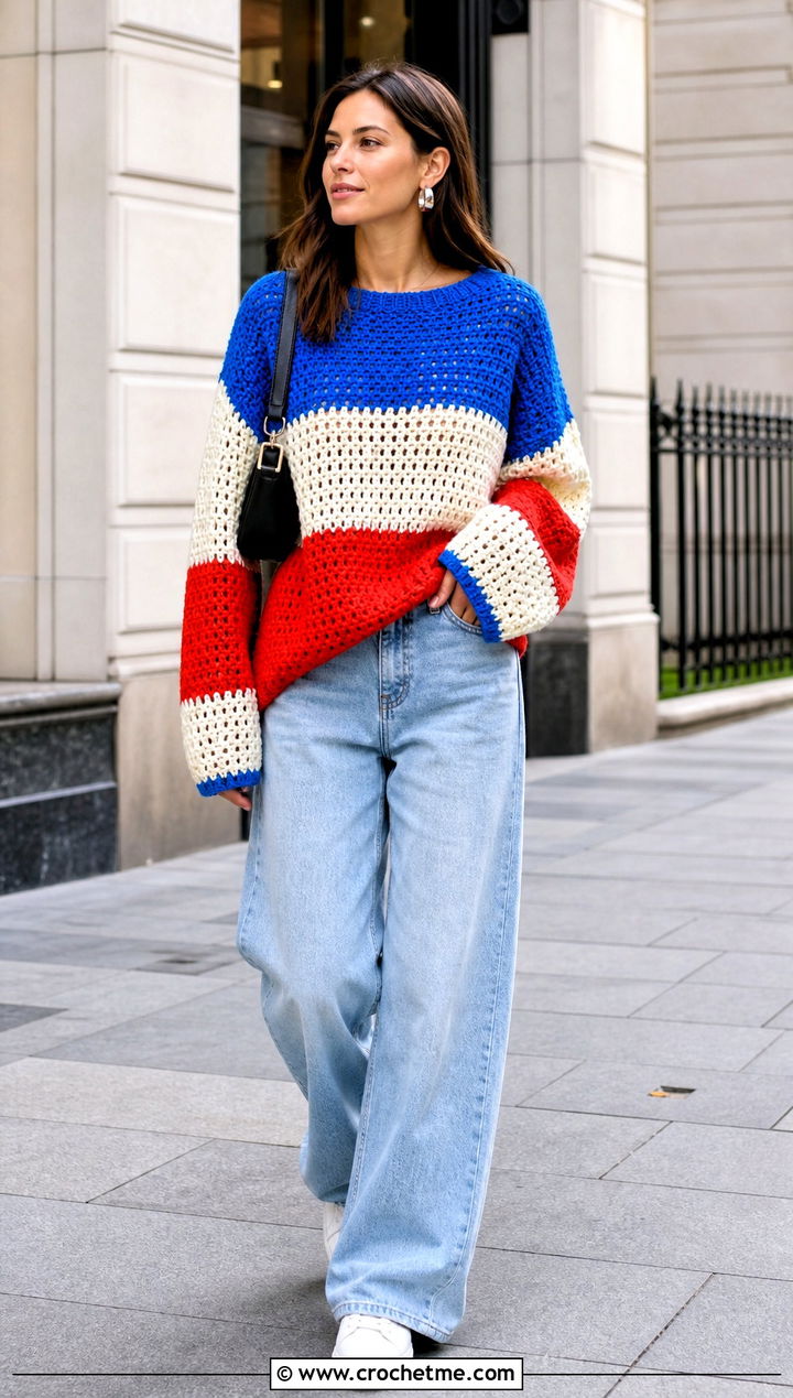 Color Block Crochet Oversize Sweater With Baggy Jeans - 20 Crochet Oversize Sweater outfit ideas