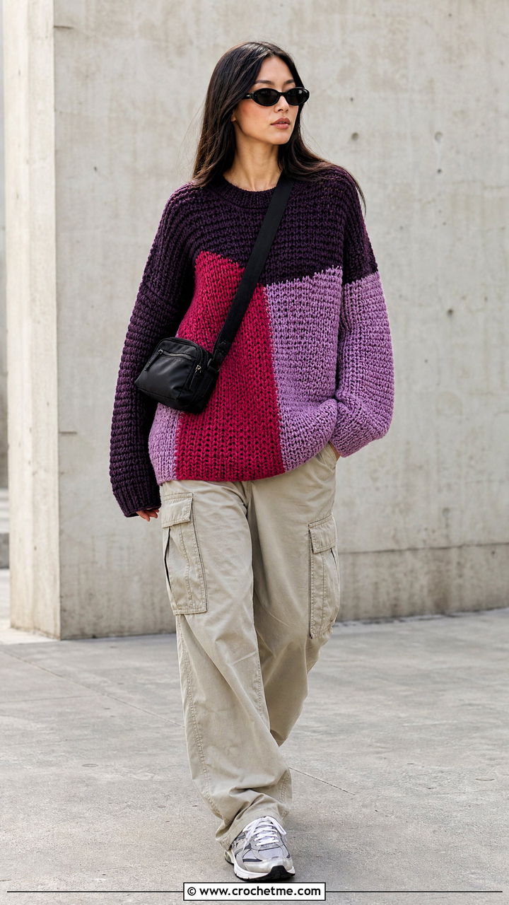 Color Block Crochet Oversized Sweater With Cargo Pants - 35 crochet oversized sweater outfit ideas
