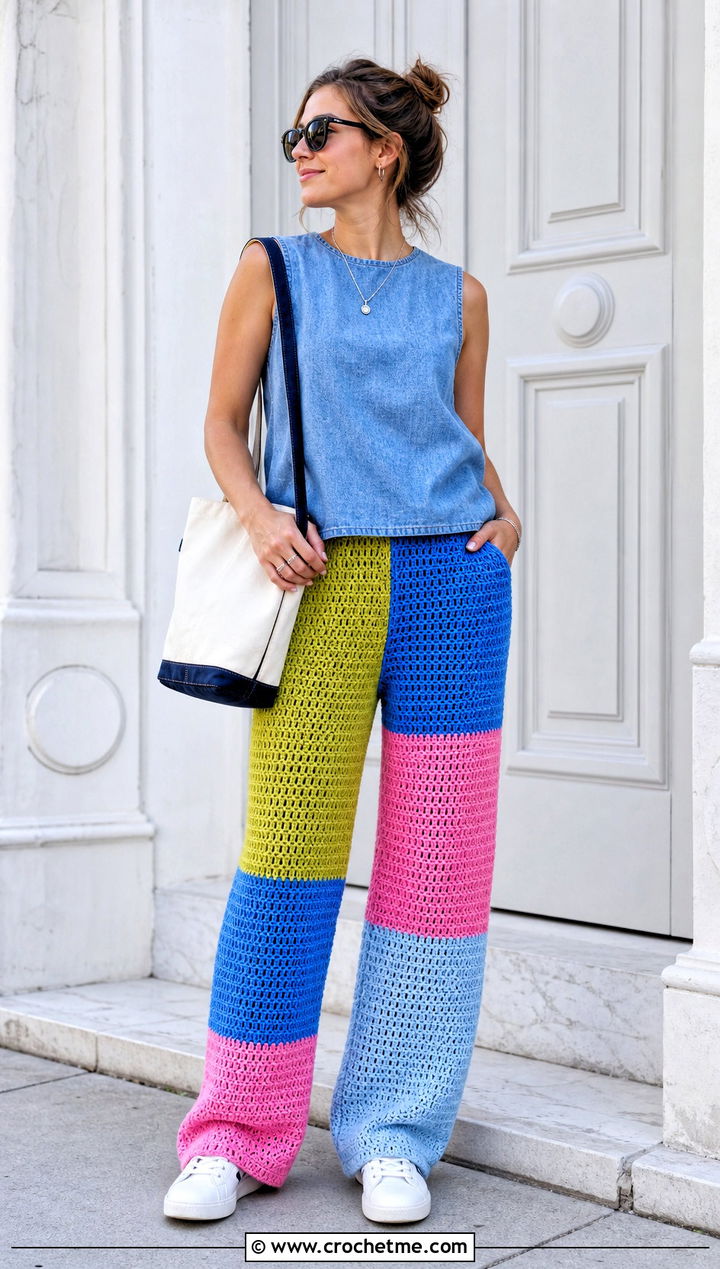 Color Block Crochet Pants With A Chambray Top - 35 Summer Crochet Pants Outfit ideas
