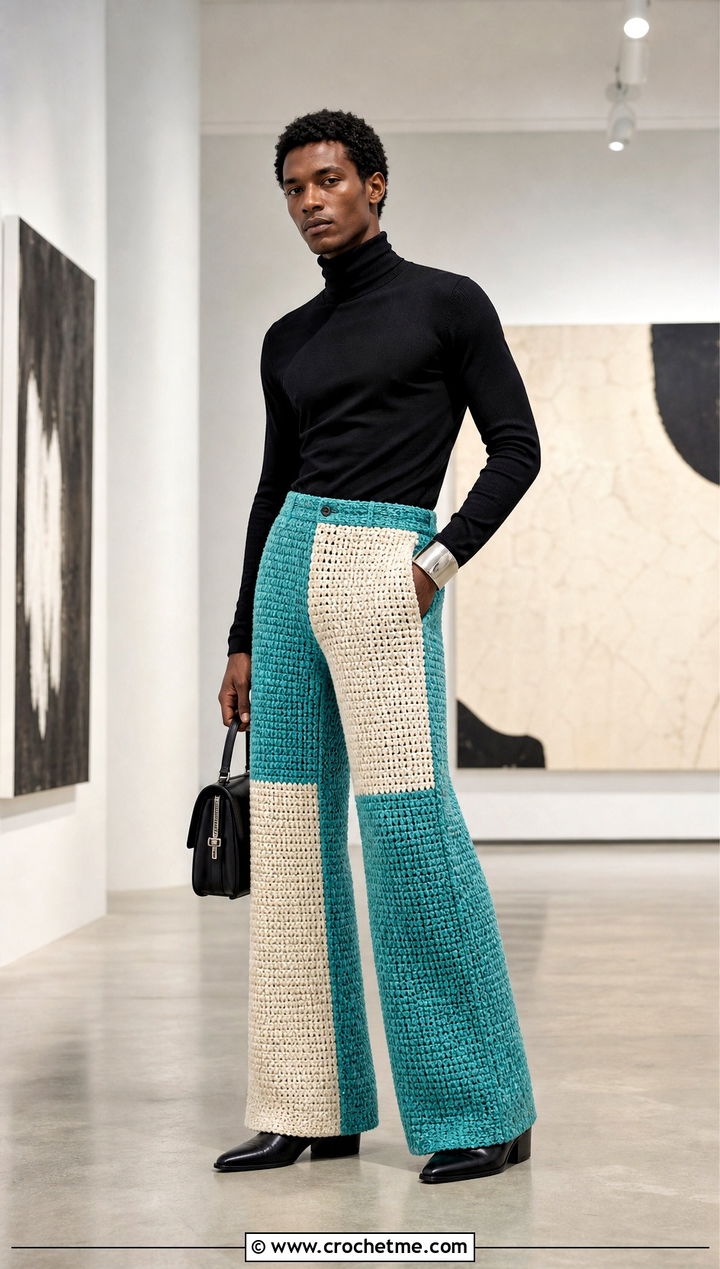 Color Block Crochet Pants With Black Turtleneck - 30 mens crochet pants outfit ideas