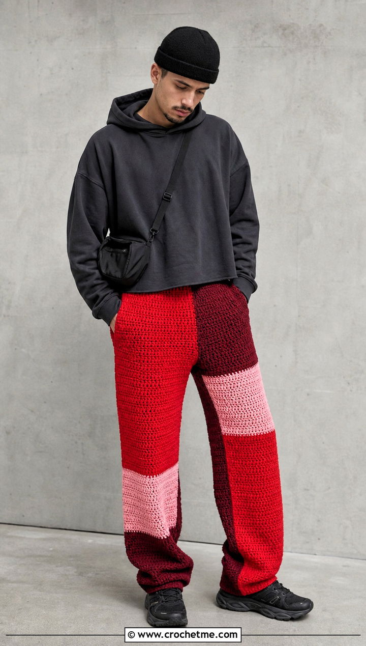 Color Block Crochet Pants With Minimal Hoodie - 35 crochet pants men outfit ideas