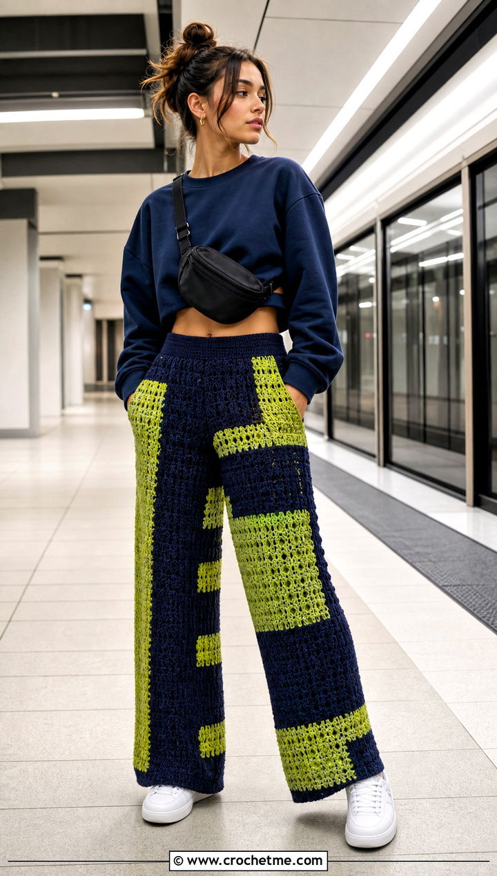 Color Block Crochet Pants With Monochrome Sweatshirt - 25 women crocheted pants outfit ideas