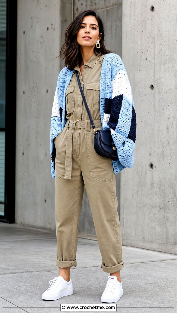 Color Block Crochet Patched Cardigan With Utility Jumpsuit - 20 Crochet Patched Cardigan outfit ideas