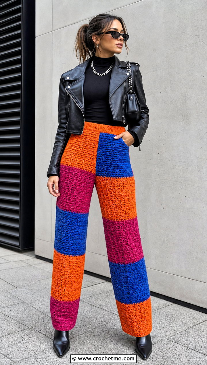 Color Block Crochet Patchwork Pants With Leather Jacket - 15 Crochet Patchwork Pants outfit ideas