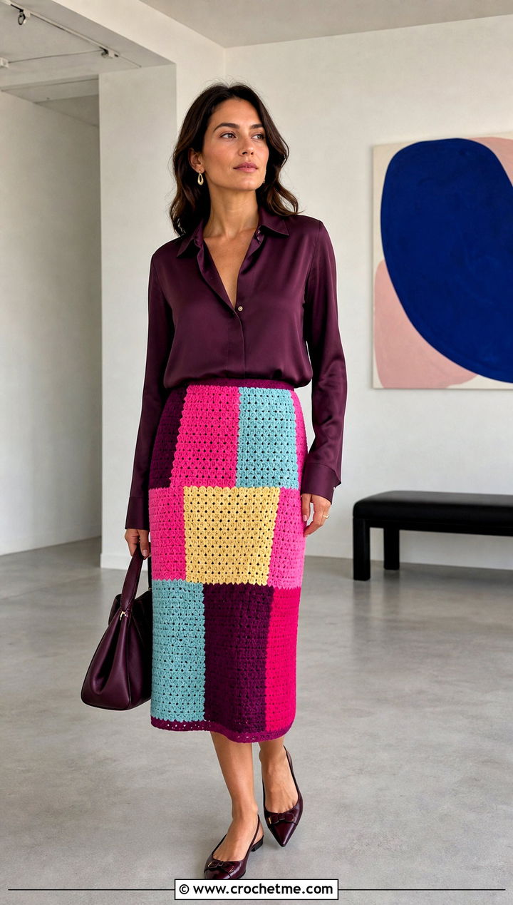 Color Block Crochet Patchwork Skirt With Monochrome Shirt - 30 crochet patchwork skirt outfit ideas