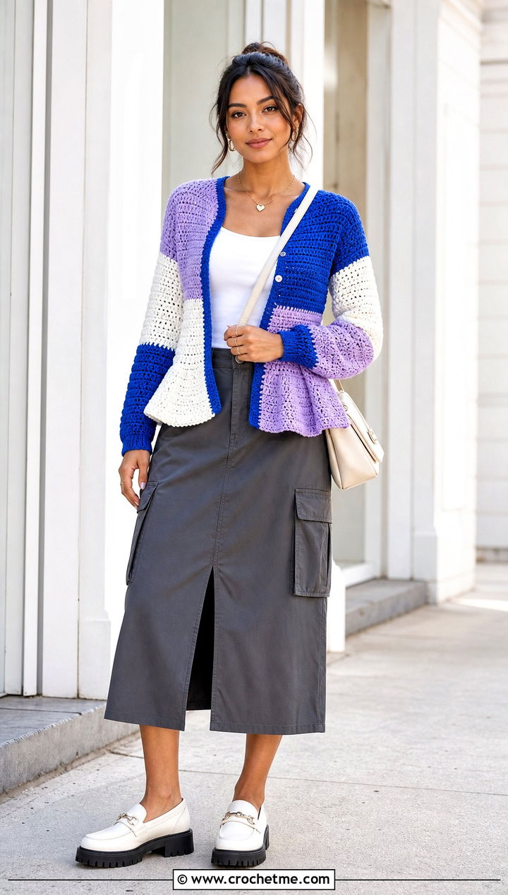 Color Block Crochet Peplum Cardigan With Utility Midi Skirt - 25 Crochet Peplum Cardigan outfit ideas