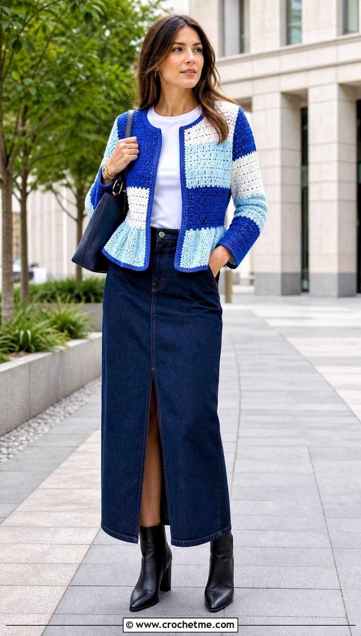 Color Block Crochet Peplum Jacket With Denim Skirt - 15 crochet peplum jacket outfit ideas