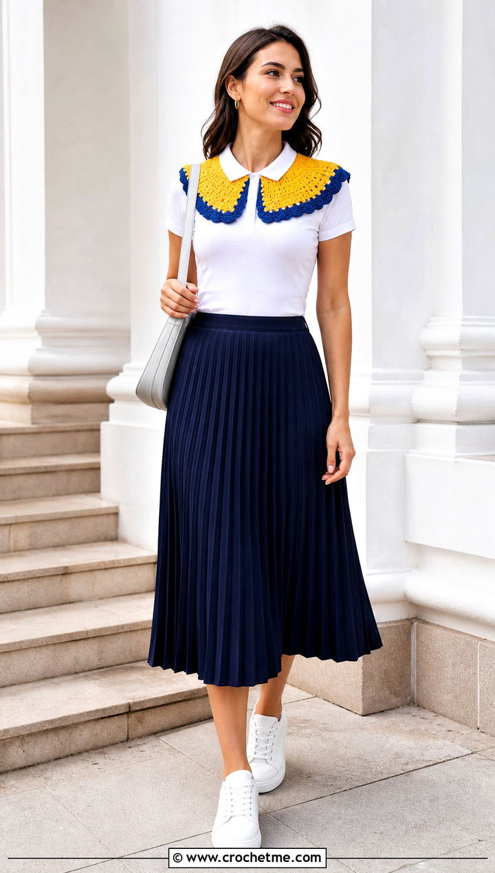 Color Block Crochet Peter Pan Collar With Polo Shirt And Pleated Skirt - 35 crochet peter pan collar outfit ideas