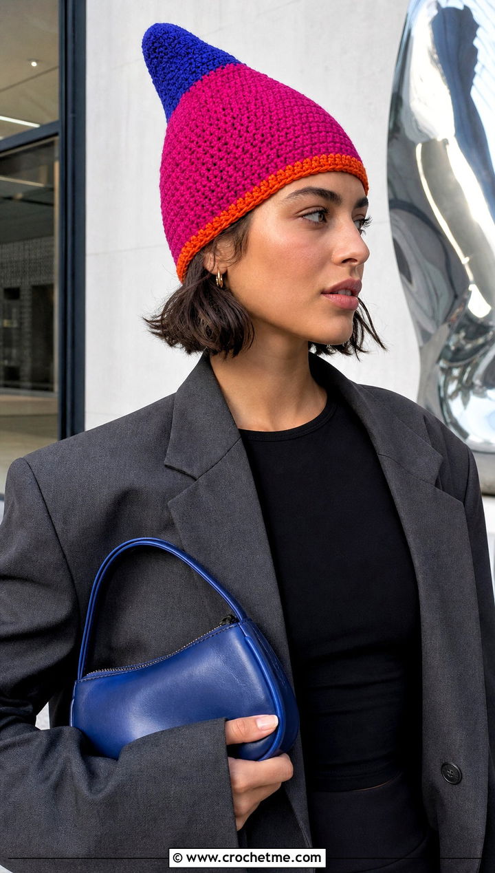 Color Block Crochet Phrygian Cap With Oversized Blazer - 15 crochet phrygian cap outfit ideas