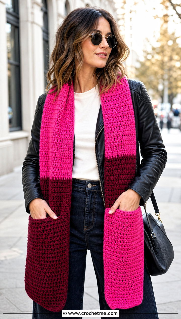 Color Block Crochet Pocket Scarf With Leather Jacket - 15 Crochet Scarf With Hand Pockets outfit ideas