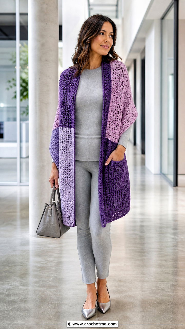 Color Block Crochet Pocket Shawl With Monochrome Outfit - 35 crochet pocket shawl outfit ideas