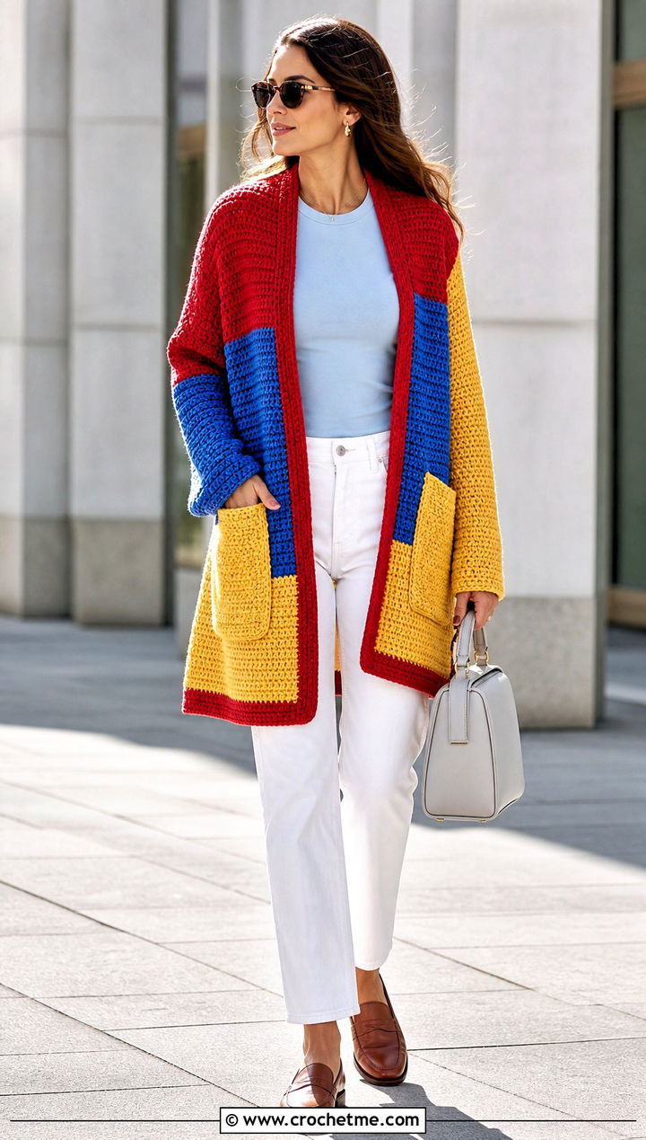 Color Block Crochet Pocket Wrap With White Jeans - 25 Crochet Pocket Wrap outfit ideas