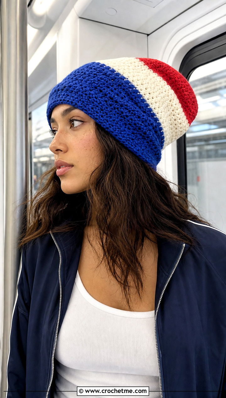 Color Block Crochet Pointed Hat With Track Jacket - 25 Crochet Pointed Hat outfit ideas