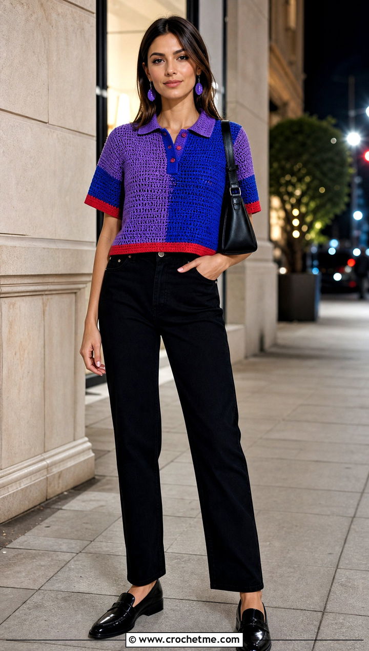 Color Block Crochet Polo Shirt With Black Jeans - 25 women crochet polo shirt outfit ideas