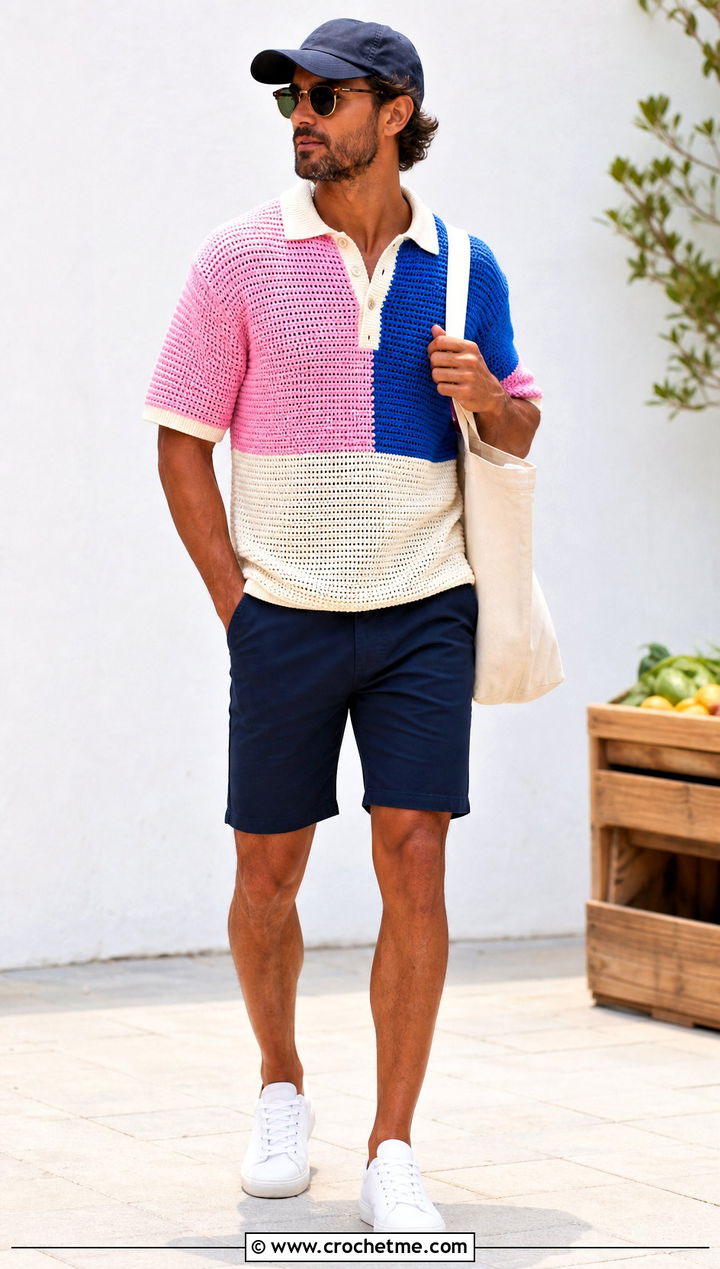 Color Block Crochet Polo With Chino Shorts - 15 Mens Crochet Polo Shirt outfit ideas
