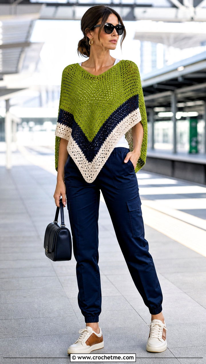 Color Block Crochet Poncho Top With Utility Pants - 25 Crochet Poncho Top outfit ideas