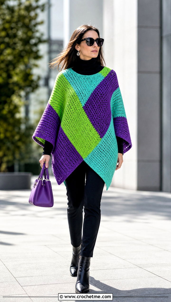 Color Block Crochet Poncho With A Monochrome Base - 15 Winter Crochet Poncho outfit ideas