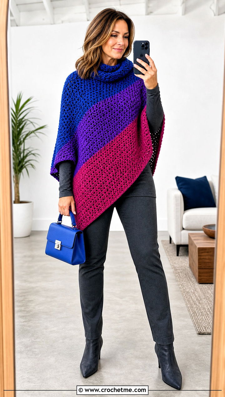 Color Block Crochet Poncho With A Monochrome Outfit - 15 Easy Crochet Ponchos outfit ideas