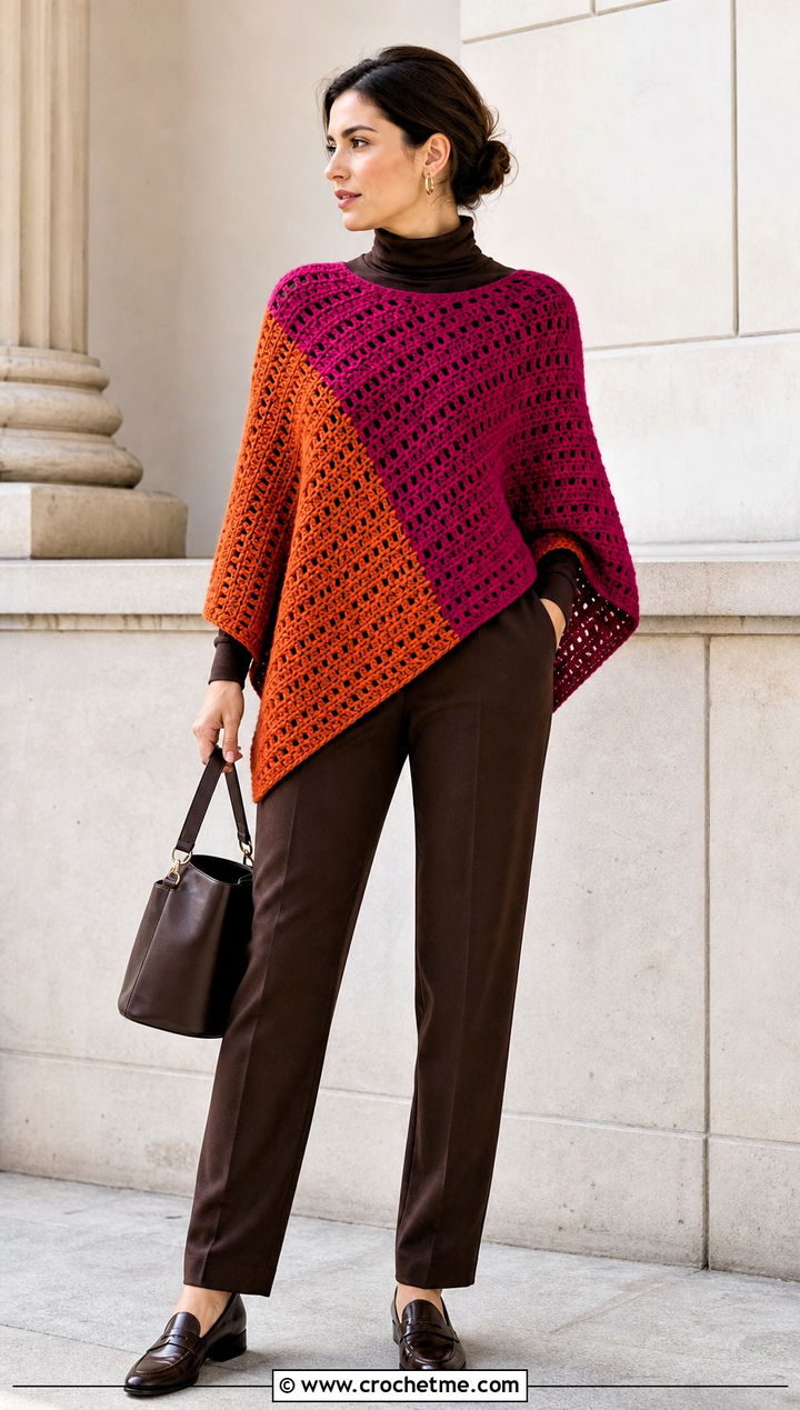 Color Block Crochet Poncho With A Monochrome Outfit - 25 Simple Crochet Poncho outfit ideas