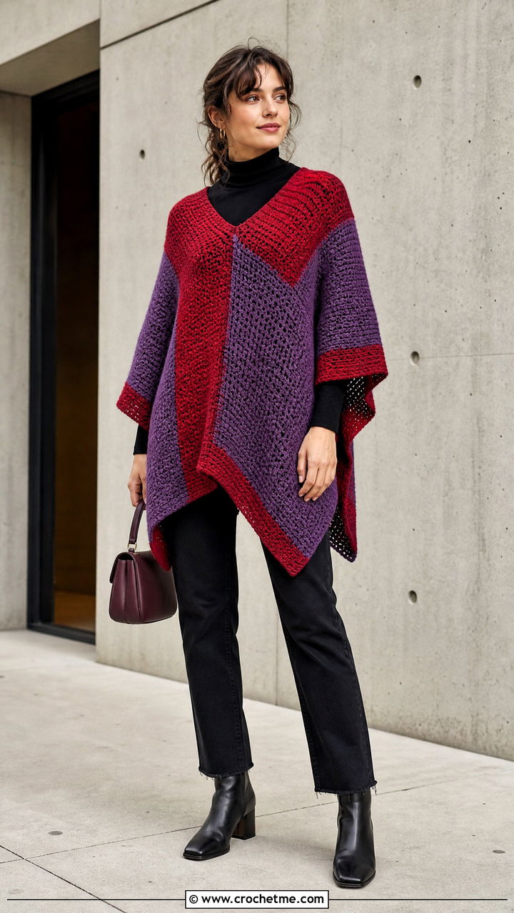 Color Block Crochet Poncho With Black Jeans - 35 crochet ponchos outfit ideas