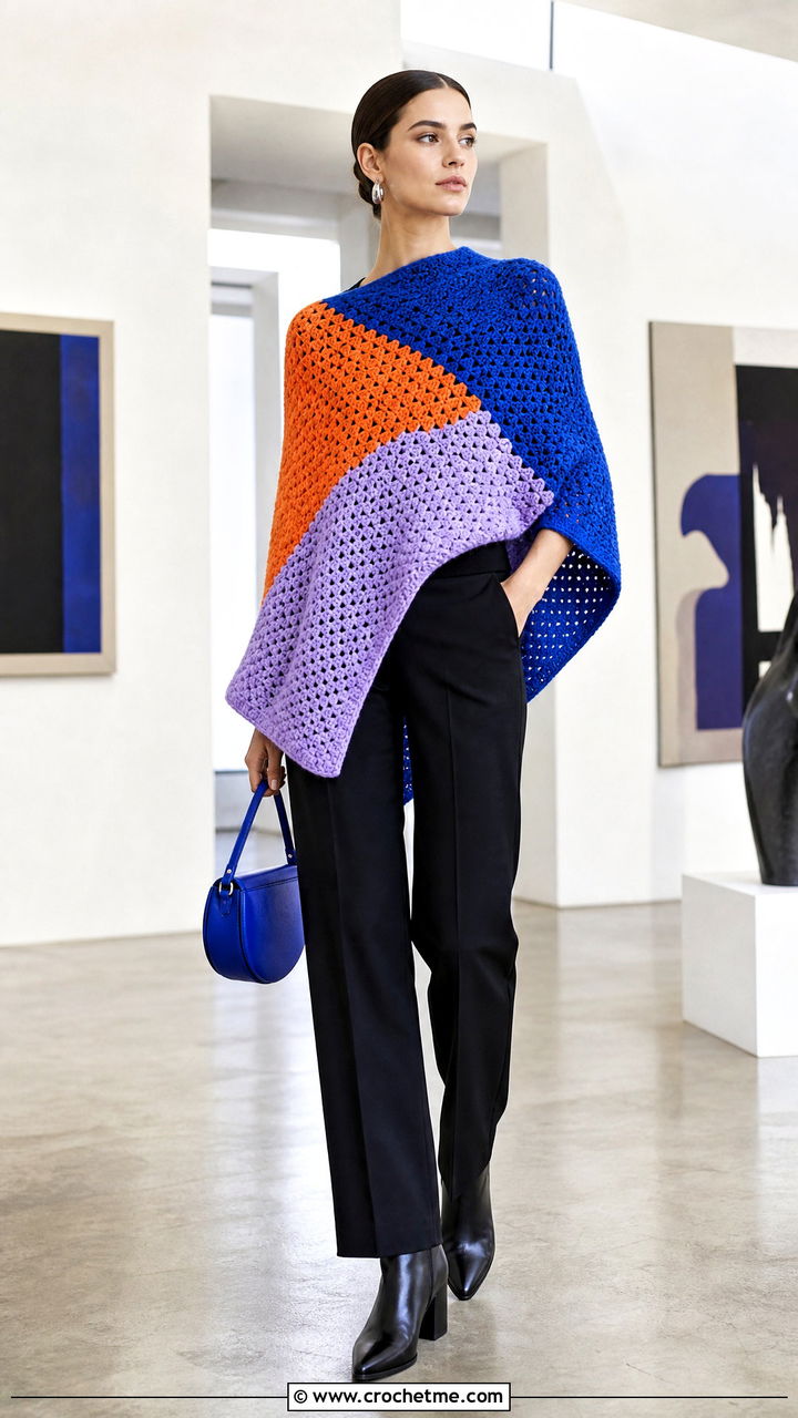 Color Block Crochet Poncho With Black Trousers - 35 easy crochet poncho outfit ideas