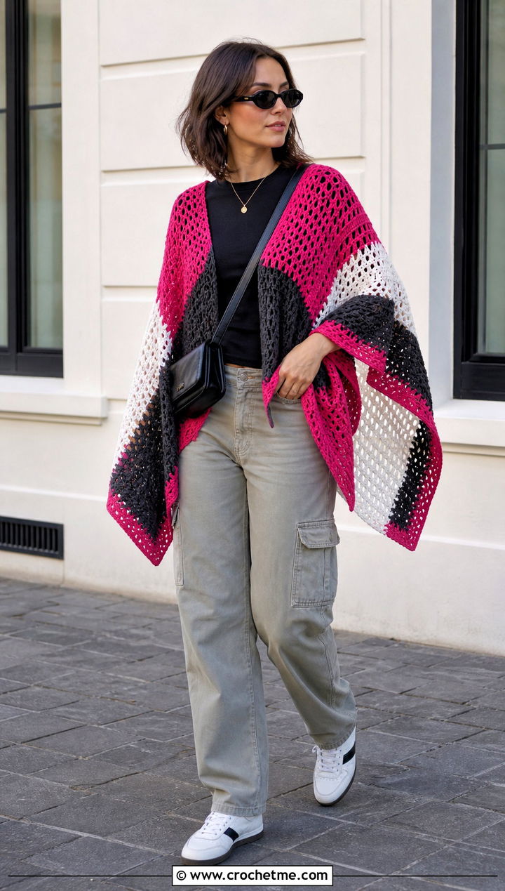 Color Block Crochet Poncho With Cargo Pants - 25 Easy Simple Crochet Poncho outfit ideas