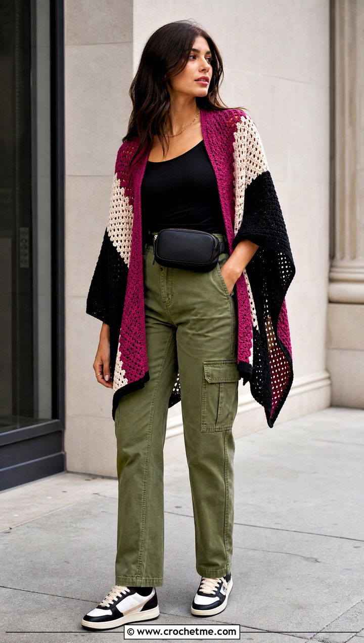 Color Block Crochet Poncho With Cargo Pants - 15 Crochet For Ponchos For Women outfit ideas
