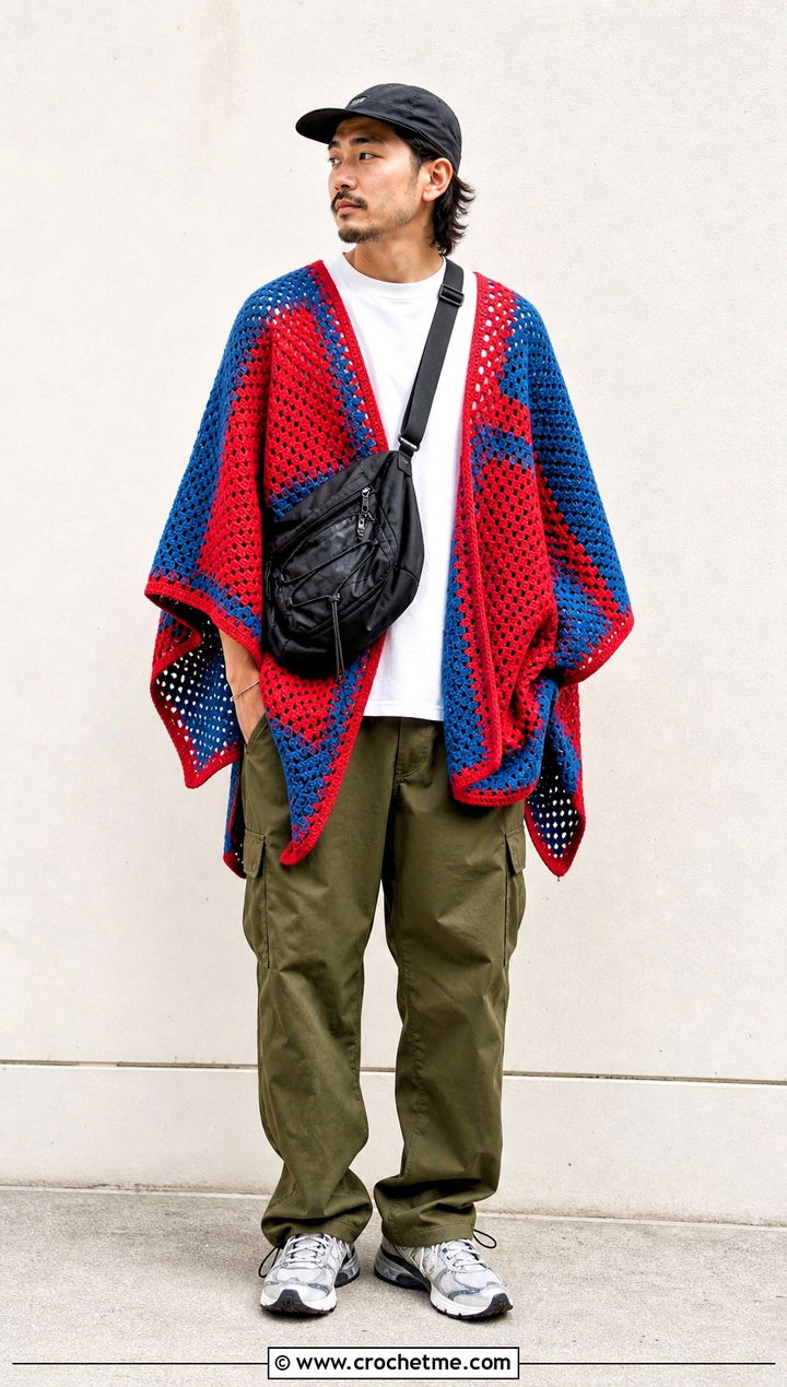 Color Block Crochet Poncho With Cargo Pants - 30 men crochet poncho outfit ideas