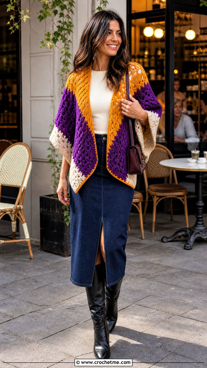 Color Block Crochet Poncho With Denim Midi Skirt - 35 easy crochet poncho woman outfit ideas