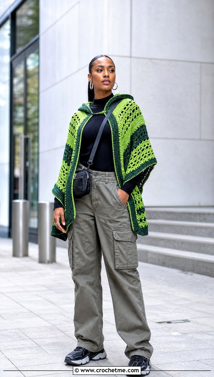 Color Block Crochet Poncho With Hood And Cargo Pants - 35 crochet poncho with hood outfit ideas