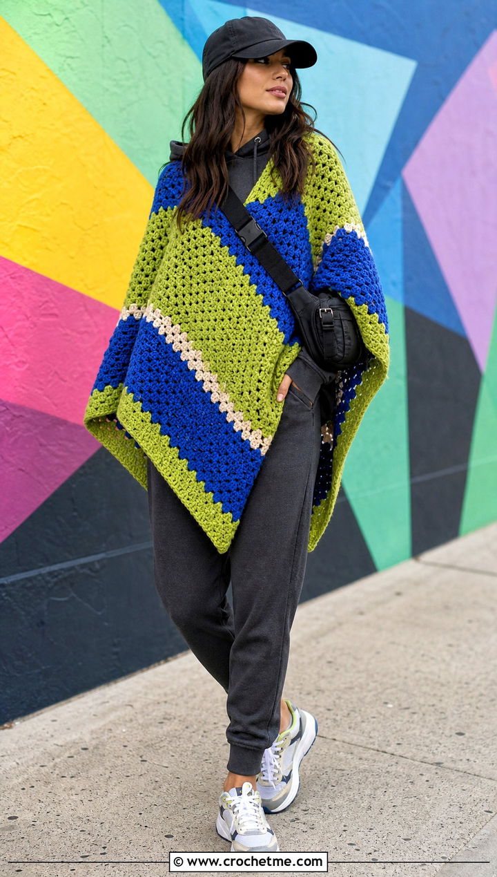 Color Block Crochet Poncho With Hoodie And Joggers - 15 Crochet Shawls And Ponchos outfit ideas