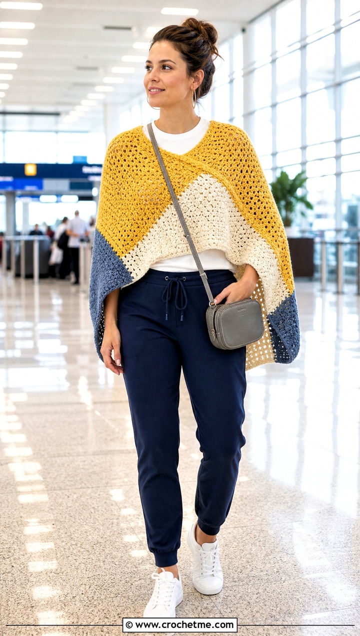 Color Block Crochet Poncho With Joggers - 20 Easy Crochet Poncho For Beginners outfit ideas