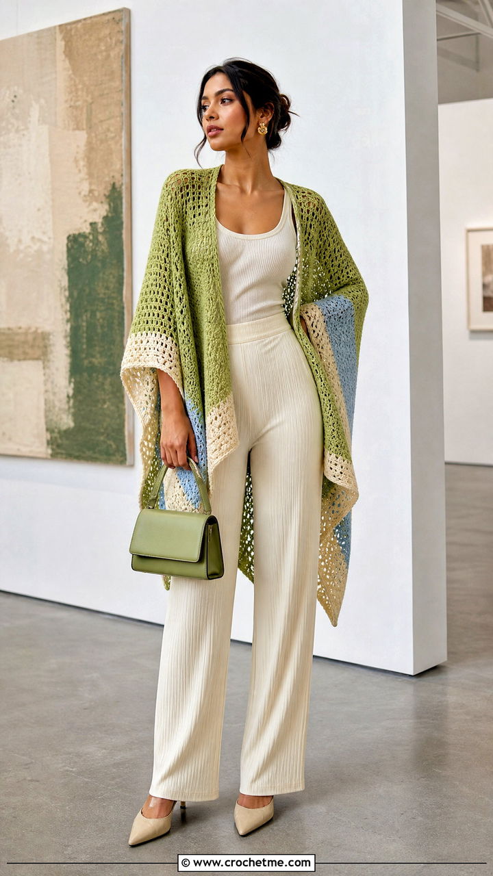 Color Block Crochet Poncho With Pleated Pants - 35 crochet poncho woman outfit ideas