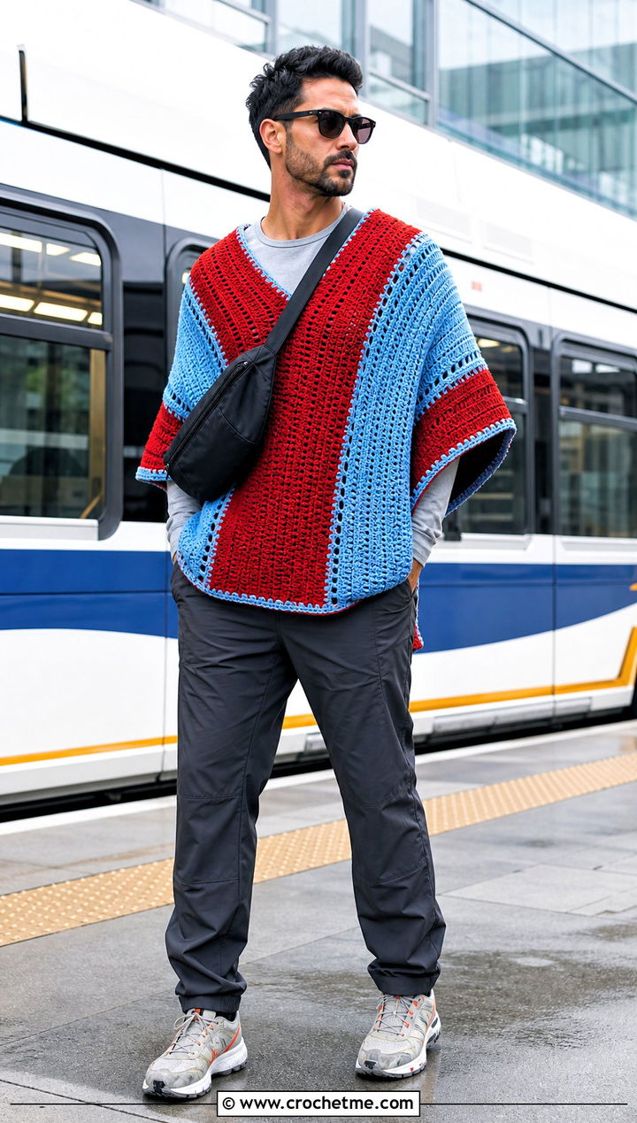 Color Block Crochet Poncho With Technical Pants - 25 mens crochet poncho outfit ideas