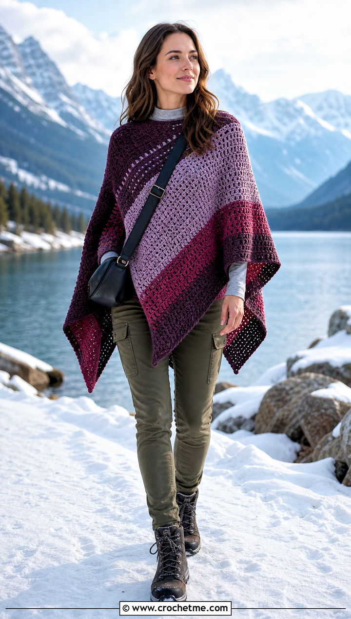 Color Block Crochet Poncho With Utility Pants - 30 woman winter crochet poncho outfit ideas