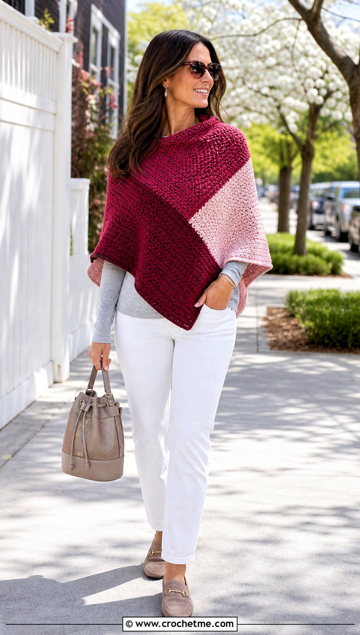 Color Block Crochet Poncho With White Jeans - 25 ladies crochet poncho outfit ideas
