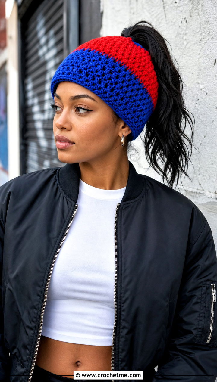 Color Block Crochet Ponytail Beanie With Bomber Jacket And Parachute Pants - 30 crochet beanie with ponytail hole outfit ideas