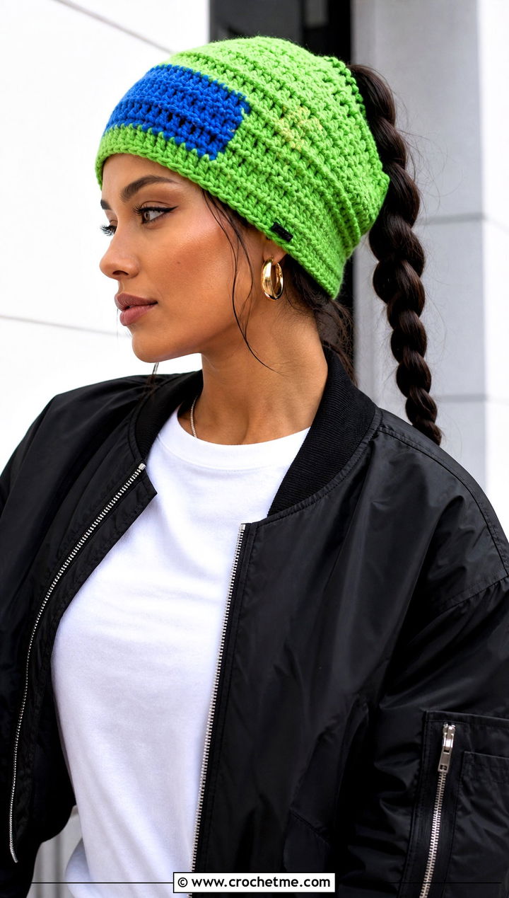 Color Block Crochet Ponytail Beanie With Cargo Pants - 30 crochet hat with ponytail hole outfit ideas
