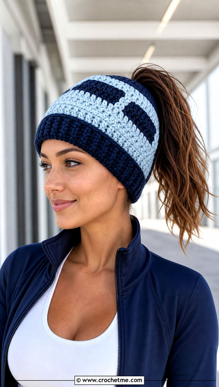 Color Block Crochet Ponytail Beanie With Tracksuit And Retro Sneakers - 20 Crochet Beanie With Ponytail Hole Hat outfit ideas