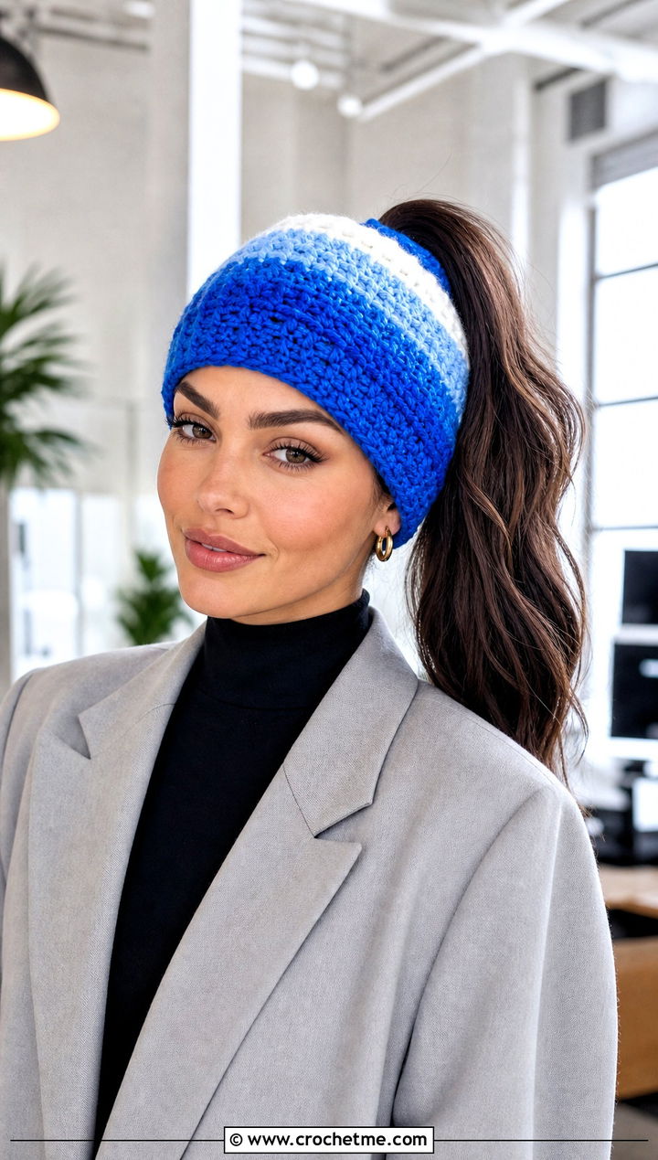 Color Block Crochet Ponytail Beanie With Trouser Suit - 20 Crochet Ponytail Beanie outfit ideas