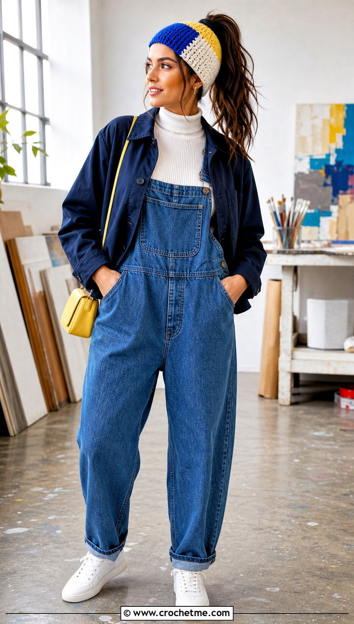 Color Block Crochet Ponytail Hat With Denim Overalls - 35 crochet ponytail hat outfit ideas