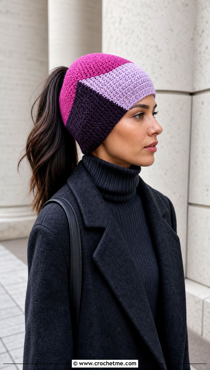 Color Block Crochet Ponytail Hat With Monochrome Outfit - 20 easy crochet ponytail hat outfit ideas