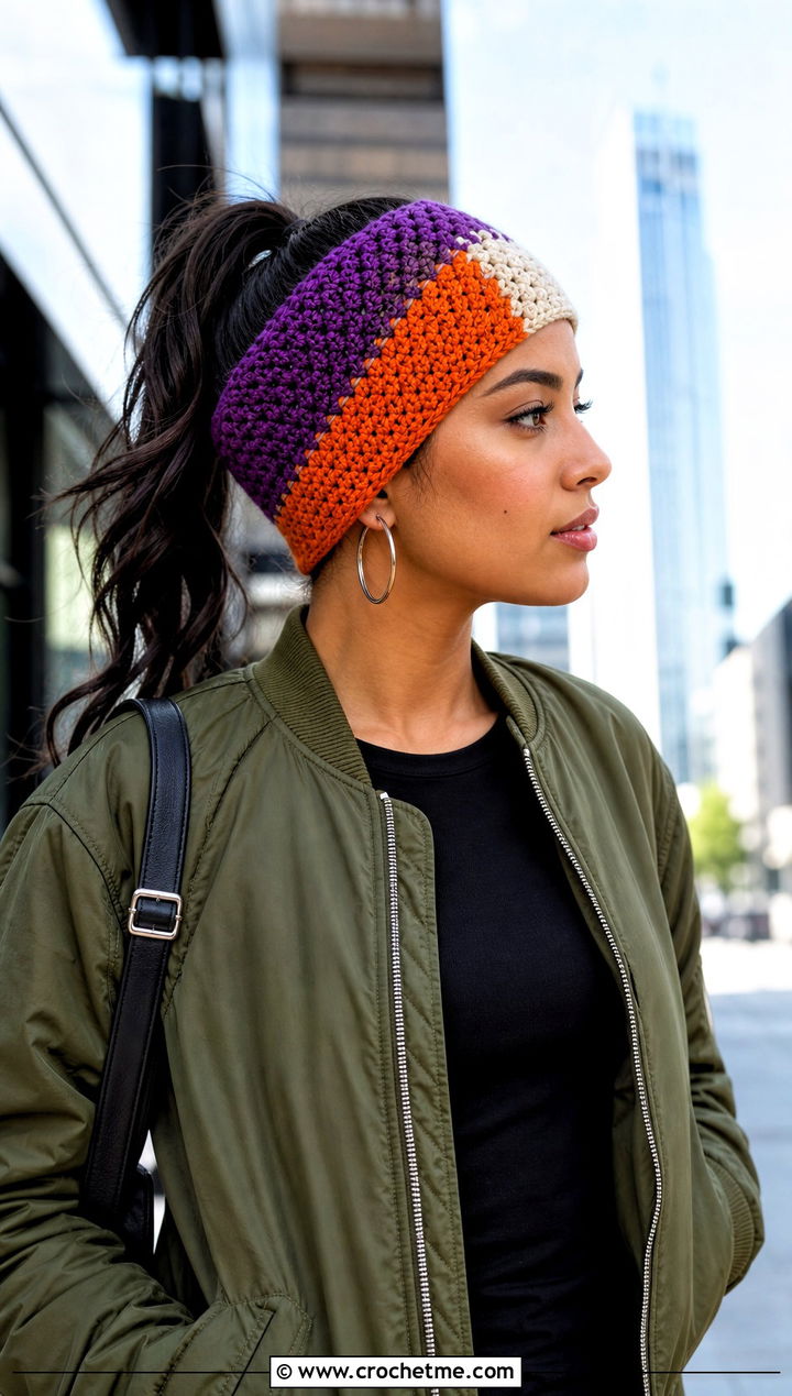 Color Block Crochet Ponytail Headband With Bomber Jacket - 25 crochet headband with ponytail hole outfit ideas